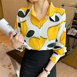 Women's Blouses 2023 Spring Fall Long Sleeve Yellow Black Fruit Print Shirt Women Casual Button Up Lapel Office Ladies Tops Blusas Mujer