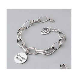 Link Chain 925 Sterling Sier Love Heart Bracelet Retro Thai Thick Round Live Your Dream Letter Drop Delivery Jewellery Bracelets Dhqpy