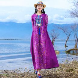 Casual Dresses Vintage Ethnic Style Print Embroidered Long Sleeve Women Dress Purple Floral Robe Vestidos De Mujer Plus Size 5XL ClothesCasu