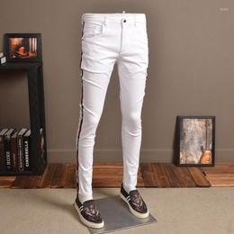 Men's Jeans Men Fashion Skinny Elastic White Streetwear Side Stripe Pants For Cowboys P85