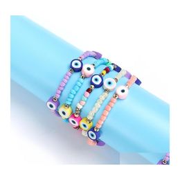 Charm Bracelets Mticolor Evil Eye Bracelet Set Lover Cute Summer Beach Jewelry Soft Polymer Clay Disc Elastic For Women Drop Delivery Dhfqy