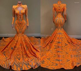 Party Dresses Orange Evening Luxury Appliqued Sequined High Neck Sweep Train Mermaid Prom Dress Real Image Formal Gowns Wear