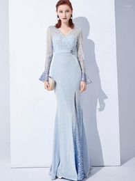 Party Dresses 2023 Classic Evening Dress With V-neck Long-Sleeves Satin Sequins Race Custom Made Chiffion Ankle-length Gowns Design