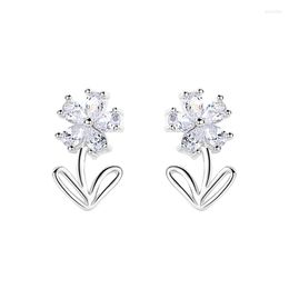 Stud Earrings Simple Zircon Flower Korean Silver Colour For Women Temperament Leaf Petal Small Trendy Dainty Jewellery Gift