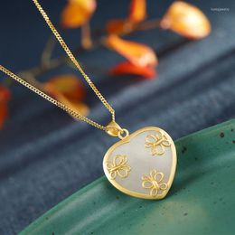Pendant Necklaces S925 Sterling Silver Inlaid Hetian Jade White Heart-Shaped Temperament Female Simple Personality Gold-Plated