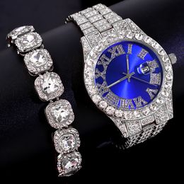 Wristwatches HipHop Iced Out Men Women Watch With Bracelet Luxury Date Quartz Bling Full Rhinestones Watches Cuban Hand Chain Fashion Jewelry 230215