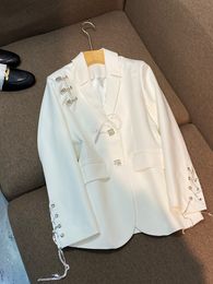 Spring White Solid Color Pin Chains Blazers Long Sleeve Notched Lapel Single Breasted Loose Outwear Coats D F