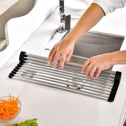 Table Mats 2023 1Pcs 304 Stainless Steel Drain Pad Silicone Edge Foldable Sink Roll Curtain Kitchen Shelf Water Leak Filter CW359