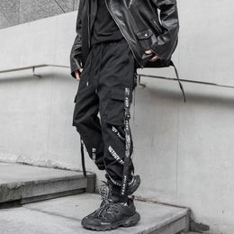 Men's Pants Harajuku Fashion Casual Cargo Mens Joggers Trousers High Street Ribbon Black Sweatpants Male Streetwear Korean Harem