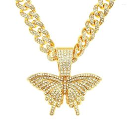 Pendant Necklaces Hip Hop Rhinestones Paved Bling Iced Out Cuban Link Chain Butterfly Pendants Necklace For Men Women Rapper Jewelry