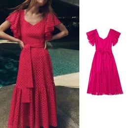 Party Dresses Women Embroidered Hollow Midi Dress Summer Fashion High Street Sweet Show Sexy Backless Elegant DressParty