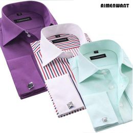 Men's Dress Shirts 2023 Business Shirt Mens Long Sleeve Slim Fit French Cuff Luxury Formal Checked Tees For Gifts