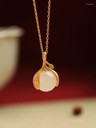 Pendant Necklaces Sterling Silver Plated Ancient Gold Inlaid Hetian Jade Fruit Female Small Cherry Style Clavicle Chain