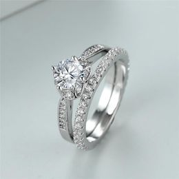 Wedding Rings Romantic Female Love Heart Ring Set White Zircon Round CZ Stone Engagement Trendy Silver Colour Sets For Women