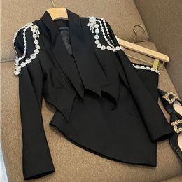 Two Piece Dress Diamond Chain Irregular Jacket OL Turn Down Collar Blazer Coat Crystal Tops Beads Package Skirt Woman Suit 2pcs Set 230214