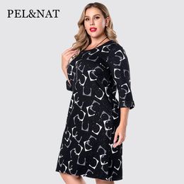 Plus Size Dresses P&N Summer Women Dress Fashion Black Printing Female Outer Coat Long Ladies Sleeve Top Sexy Party O Neck F6701