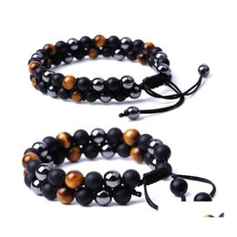 Charm Bracelets 6Mm 8Mm Tiger Eye Stone Black Beads Bracelet Braided Two Layers Women Men Hand String Jewellery Friendship Gift Drop De Dh4Ij