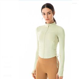 Active Shirts Yoga Jacket Women Drawstring Zipper Slim Fit Long Sleeve Crop Top Running Sports Coat Ladies Gym T-Shirts Fitness Wear