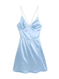 Casual Dresses YENKYE 2023 Women Fashion Backless Spaghetti Strap Satin Sexy Dress Ladies Sky Blue Short Summer Vestido