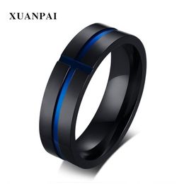 Band Rings Blue Cross Inlay Black Solid Stainless Steel Men Punk Hop Jewellery