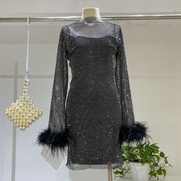 Casual Dresses H80 S90 Bling Women Sexy Holiday Fashion Streetwear Diamnond Mesh Hollow Out Slash Neck Feather Cuff Dress 230214