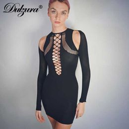 Casual Dresses Dulzura 2021 Autumn Winter Women Solid Hollow Out Cut Out Mini Dress With Long Sleeve Gloves Bodycon Sexy Party Club Slim T230210