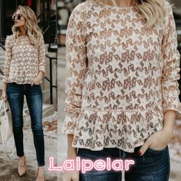 Women's T Shirts Fashion Womens Long Sleeve Loose T-shirt Casual Printed Star Hollowed Out Tops Apricot Red Black S-2XL Laipelar