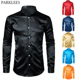 Mens Casual Shirts Shinny Silk Like Satin Luxury Dress Brand Men Wedding Prom Tuxedo Male Shirt Camisa Masculina Black 230214