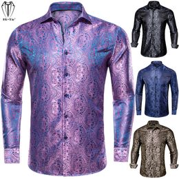 Men's Casual Shirts Hi-Tie Brand Silk Mens Shirts Long Sleeve Slim Fit Gold Blue Red Beige Burgundy Pink Purple Grey Shirt For Men High Quality 230215