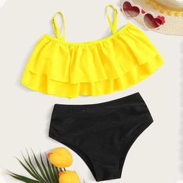 Childrens Split Swimsuit Little Two pieces Girl Solid Colour High Waist Beach