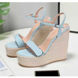 Women Leather Wedge Platform Espadrille Designer Sandals Black White Calfskin Pump Heel Heels 85mm High Heels Fisherman Wedding Dress Party Shoes NO291