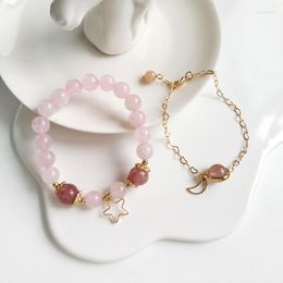 Charm Bracelets Fashion Cute Natural Strawberry Crystal Charms Bracelet Korean-Style Pink Glass Beads Flexible For Female Girls Lady