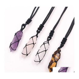 Pendant Necklaces Rope Wrap Natural Stone Necklace Pink Quartz Aventurine Amethysts Point Hexagonal Crystal Pendum For Women Drop De Dhiye