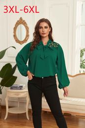 Women's Plus Size T-Shirt Ladies Spring Autumn Plus Size Chiffon shirt For Women Large Size Tops Long Sleeve green V-neck Shirt 3XL 4XL 5XL 6XL 230216