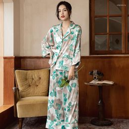 Women's Sleepwear Spring Women Print 2PCS Pajamas Suit With Pocket Casual Home Clothes Satin Fashion Full Sleeve Pant Nightwear