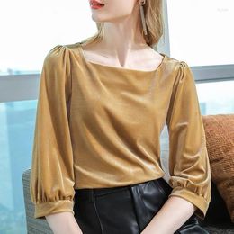 Women's Blouses Korean Golden Velvet Blouse Women Corduroy Tops Retro Square Collar Shirt Bubble Sleeve Blusas Ropa De Mujer 10 Colors