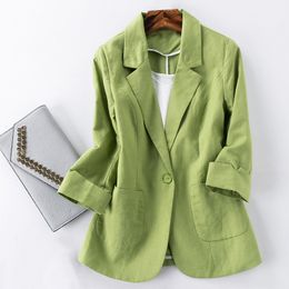 Womens Suits Blazers Cotton Linen Blazer Jacket Women Summer Outwear High Quality Solid Single Button Notched Blazer Suits Three Quarter Sleeve Top 230216