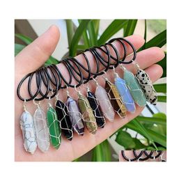 Pendant Necklaces Reiki Healing Jewelry Natural Stone Wire Wrap Hexagonal Amethysts Quartz Crystal Pendum Chakra Pu Chain Necklace D Dhztp