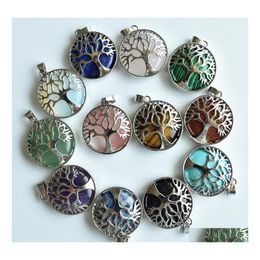 Charms Fashion Hollow Tree Of Life Healing Stone Charm Handmade Rose Quartz Chakra Pendants For Necklace Jewelry Making Wholesale Dr Dh6D4