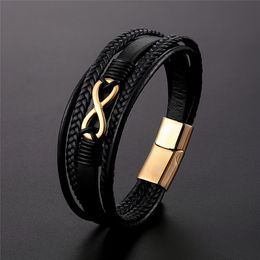 Charm Bracelets MultiLayer Genuine Leather 8 words Bracelet For Men Stainless Steel Magnetic Clasp Fashion Bangles Male Jewellery Pulseira 230215