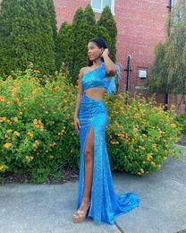 Sexy Blue Sequin Prom Dress For Black Girls With Split Glitter One Shoulder Feather Nigh Evening Dresses South Africa Party Wear 2023 Bling vestidos de graduacion