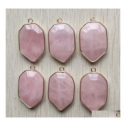 Charms 32Mmx22Mm Natural Rose Quartz Stone Section Shield Shape Golden Connector Pendants For Jewelry Making Wholesale Drop Delivery Dhyjw