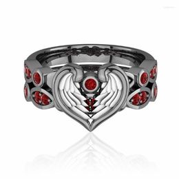 Wedding Rings Boho Vintage Black Heart Wing Guard Love Engagement Ring Set Red Zircon Crystal For Women Bridal Promise Jewelry