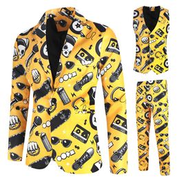 Men's Suits Blazers Fashion Hip Hop Printed Yellow Blazer Sets Men Jackets Pants Vest Autumn Spring Club Prom 3 Pieces Terno Masculino 230216