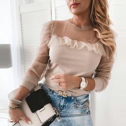 Women's Blouses Women's Mesh Ruffles Leopard Print Blouse Spring See Through Long Sleeve Female Tops 2023 Summer Casual Ladies