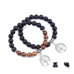 Beaded Strands 8Mm Black Lava Stone Wood Bead Strand Tree Of Life Bracelet Diy Essential Oil Diffuser Friend Couples Bracelets For Dhbzu