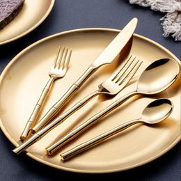 Dinnerware Sets 18/10 Flatware Set Stainless Steel Steak Knife Fork Bamboo Design Golden Silver Cutlery For 6