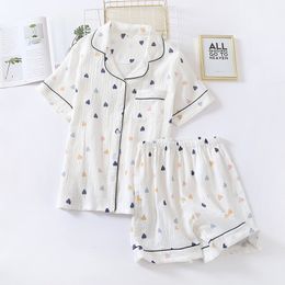 Women's Sleepwear Japanese summer ladies cotton gauze short sleeve shorts pajamas suit cute heart-shaped thin section home service suit woman 230215