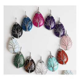 Pendant Necklaces Natural Stone Healing Crystal Tree Of Life Charms Waterdrop Pendants Rose Quartz Sier Copper Wire Wrapped Trendy J Dhiqb