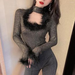 Women's T Shirts Autumn Winter Shiny T-shirts Slim Fit Top Women's Fur Splice Ins Fashion Woman Blouses 2023 Korean Ladies Sexy Tees